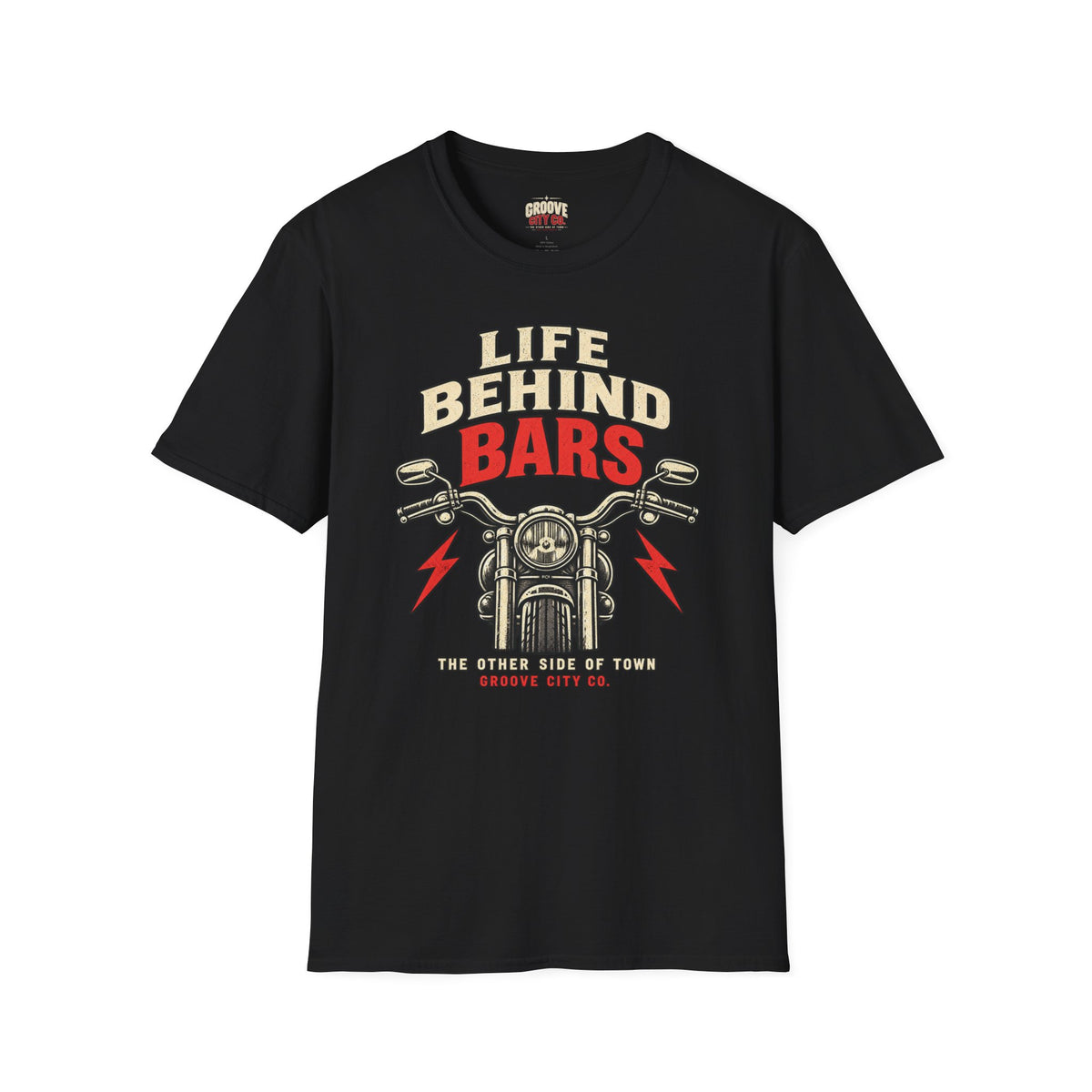 Black motorcycle graphic T-shirt with “Life Behind Bars” lettering, a front-view motorcycle and red lightning bolts
