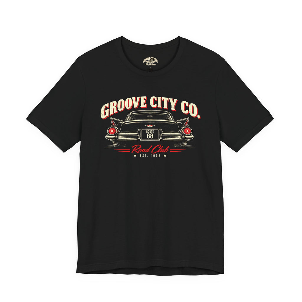 Black vintage car T-shirt with Groove City Road Club Route 88 design