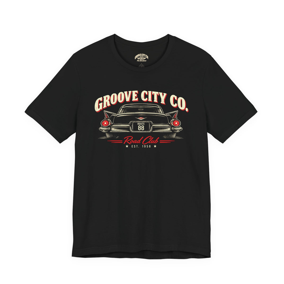 Black vintage car T-shirt with Groove City Road Club Route 88 design
