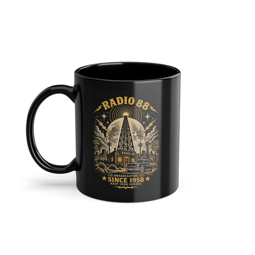 Black Radio 88 mug with vintage broadcast tower design by Groove City Co.