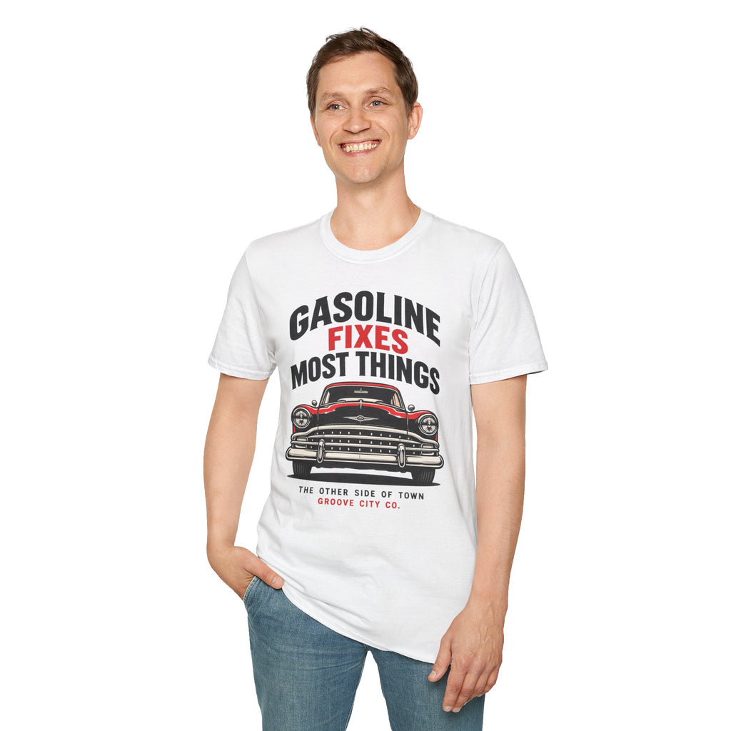 Man wearing a white “Gasoline Fixes Most Things” T-shirt with a red and black classic car graphic.