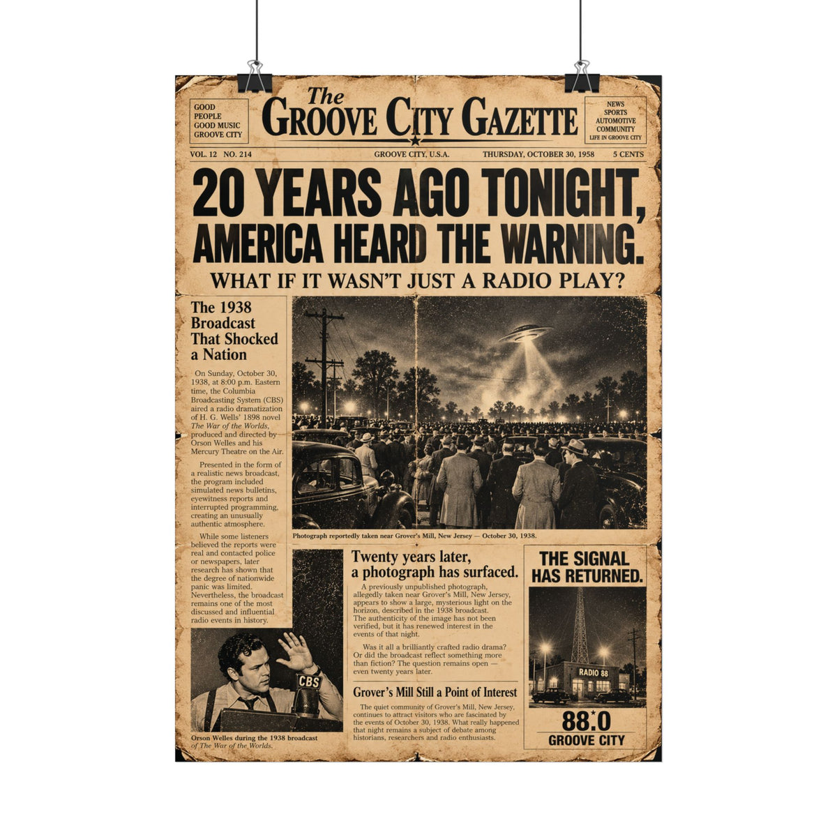 The Signal Has Returned 1958 War of the Worlds inspired vintage newspaper poster by Groove City Gazette