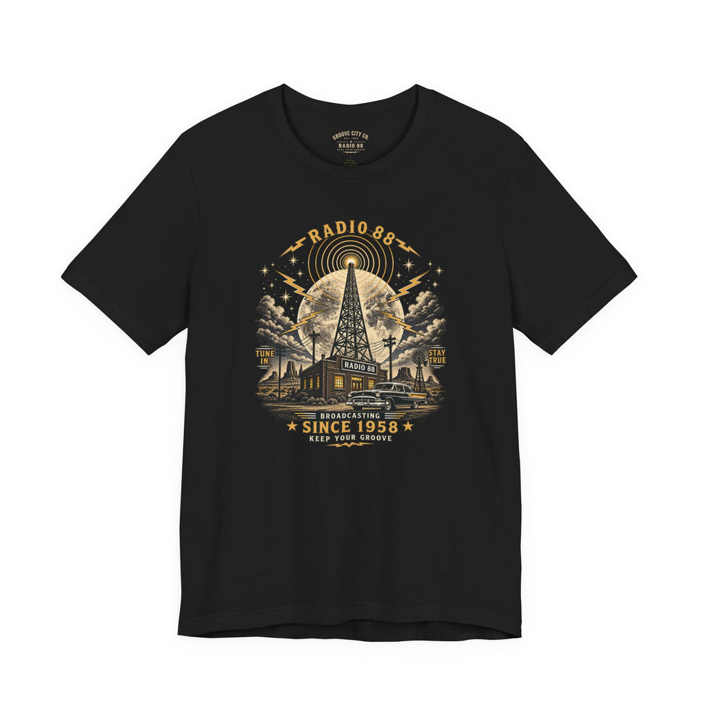 Groove City Radio 88 vintage black T-shirt with retro radio tower and classic car graphic