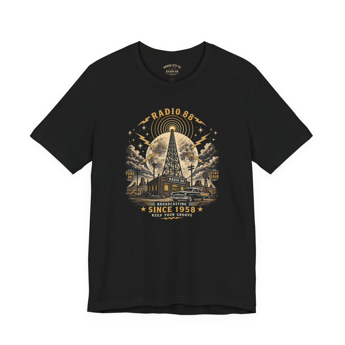 Groove City Radio 88 vintage black T-shirt with retro radio tower and classic car graphic