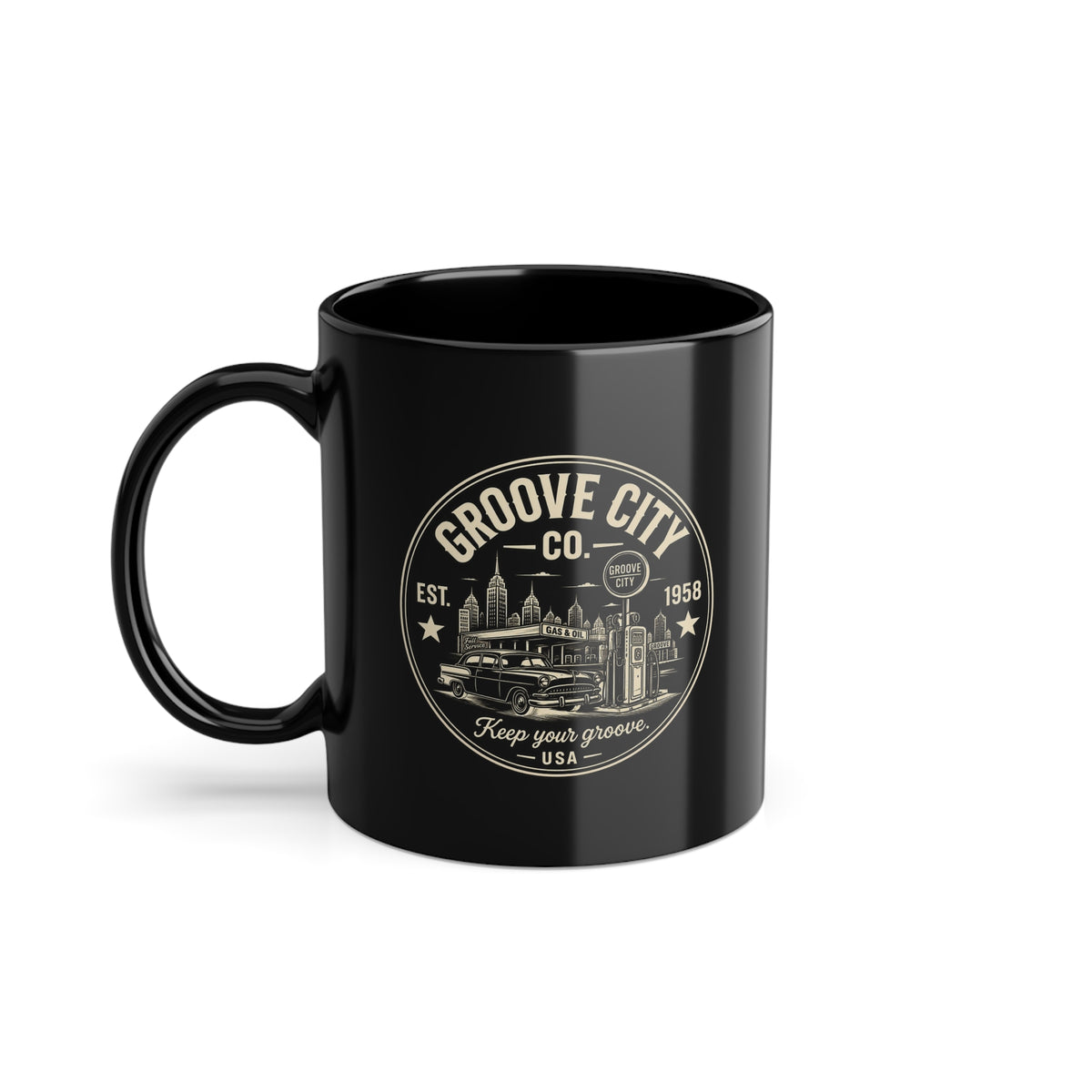 Black vintage coffee mug with retro Groove City design – Groove City Co.