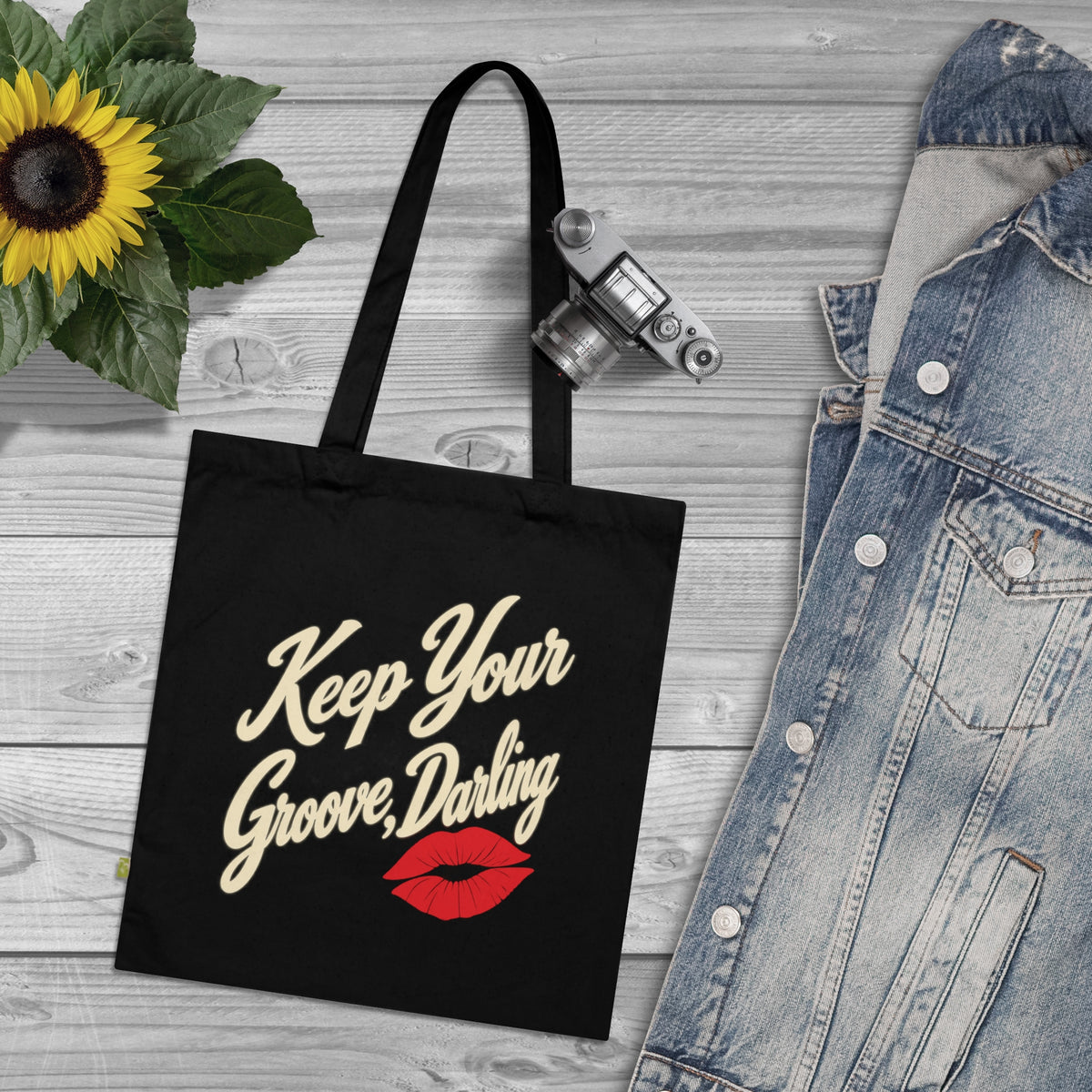 Keep Your Groove Darling vintage tote bag with red lips