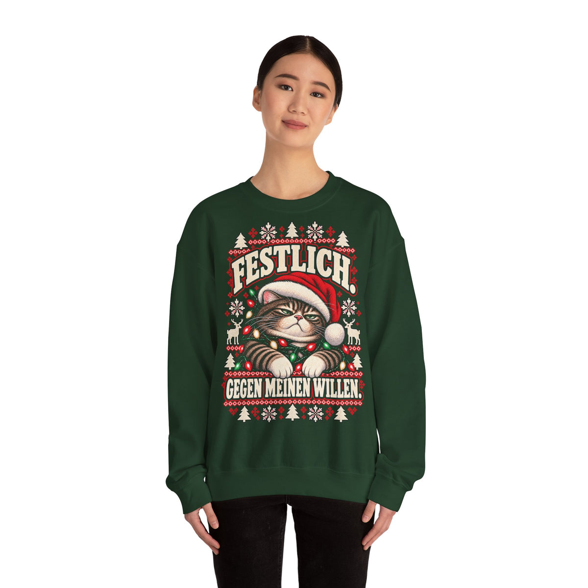 Model wearing a forest green German grumpy cat Christmas sweatshirt with Festlich Gegen meinen Willen design
