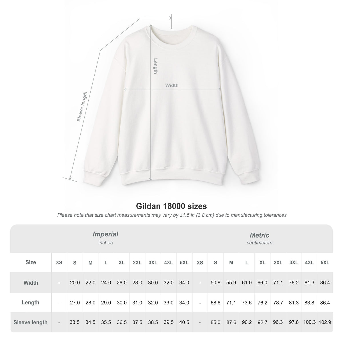 Gildan 18000 unisex crewneck sweatshirt size chart with width, length and sleeve measurements