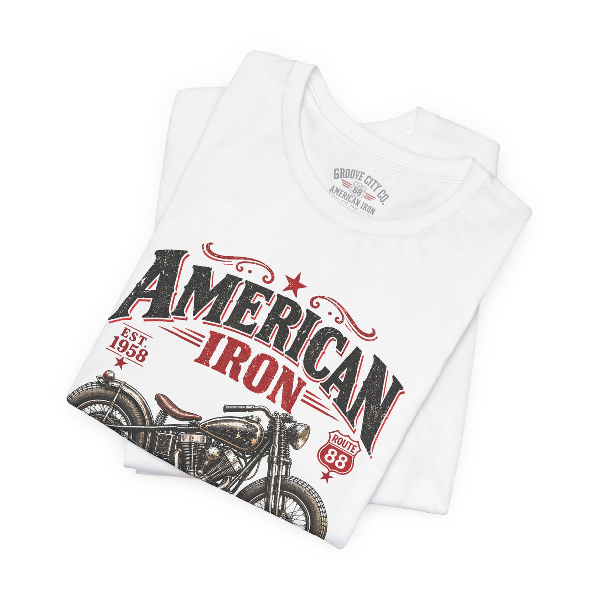 Folded white American Iron vintage motorcycle t-shirt with retro Route 88 bobber design and custom Groove City Co. neck label.