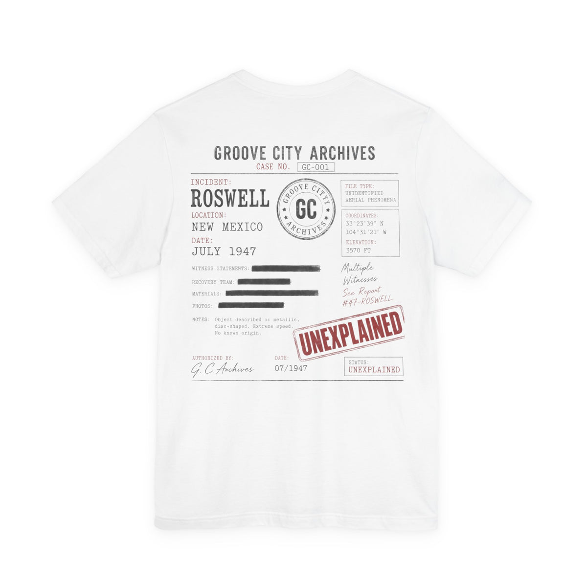 Groove City Archives Roswell 1947 UFO case file back print with vintage UNEXPLAINED stamp