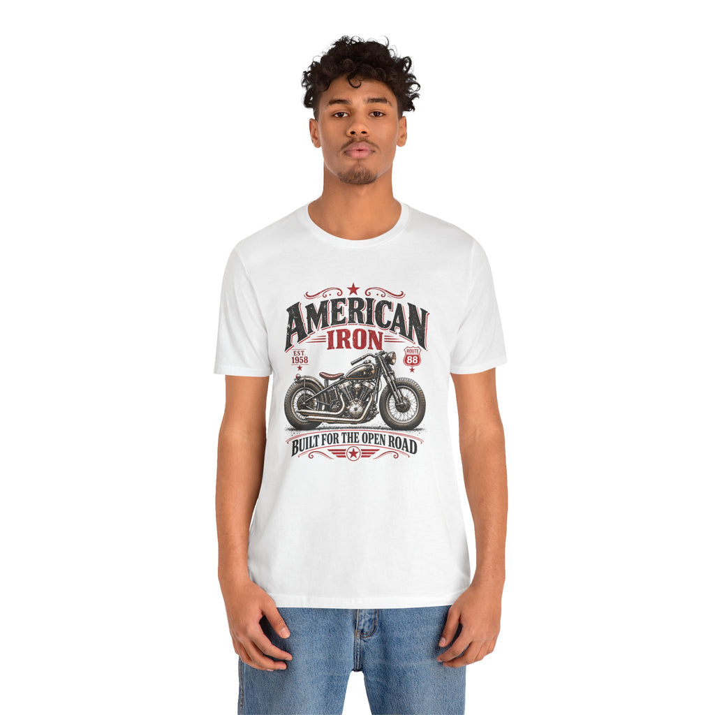 Male model wearing a white American Iron vintage motorcycle t-shirt with retro bobber artwork and Route 88 design by Groove City Co.