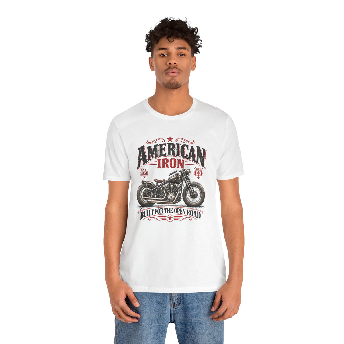 Male model wearing a white American Iron vintage motorcycle t-shirt with retro bobber artwork and Route 88 design by Groove City Co.