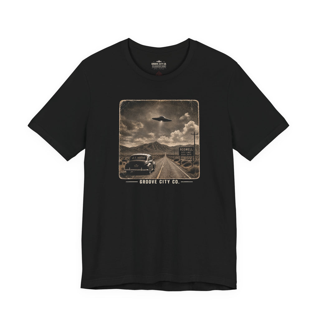 Groove City Co. Roswell UFO vintage graphic T-shirt with classic car and desert highway