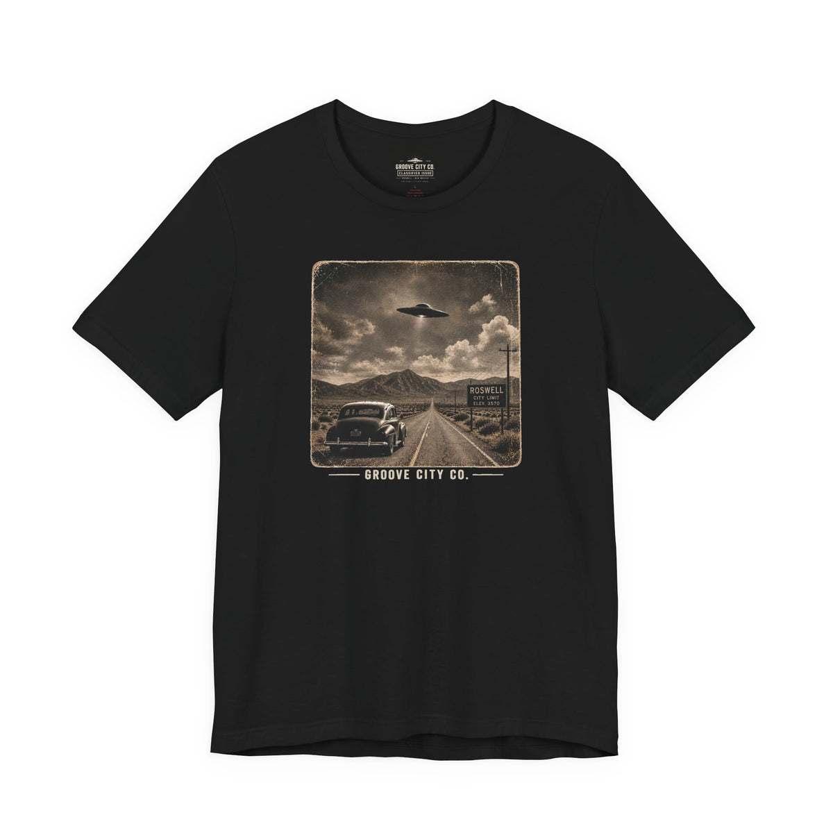 Groove City Co. Roswell UFO vintage graphic T-shirt with classic car and desert highway