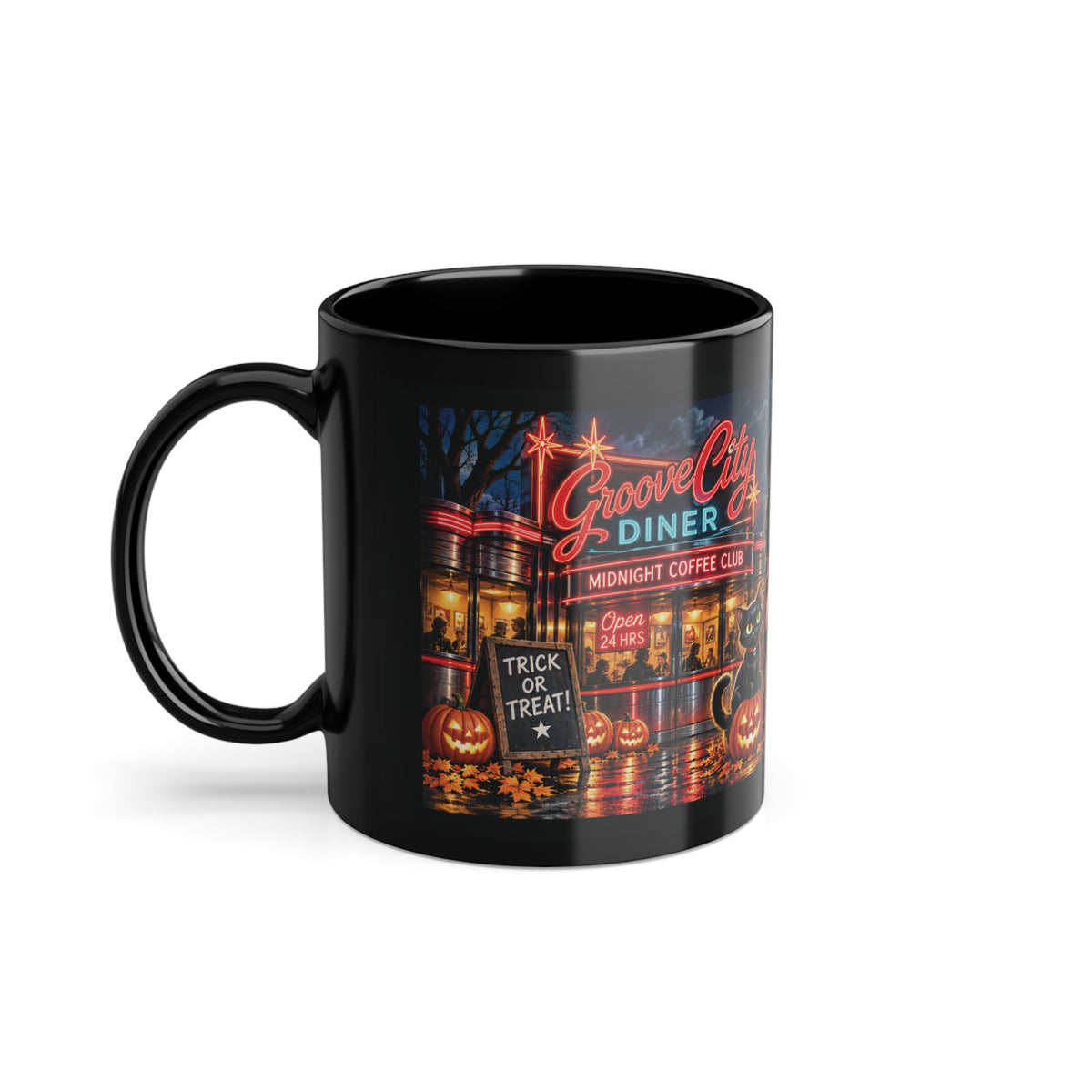 Groove City Midnight Coffee Club black Halloween mug with vintage pin-up witch, black cat, classic car and 1950s diner artwork