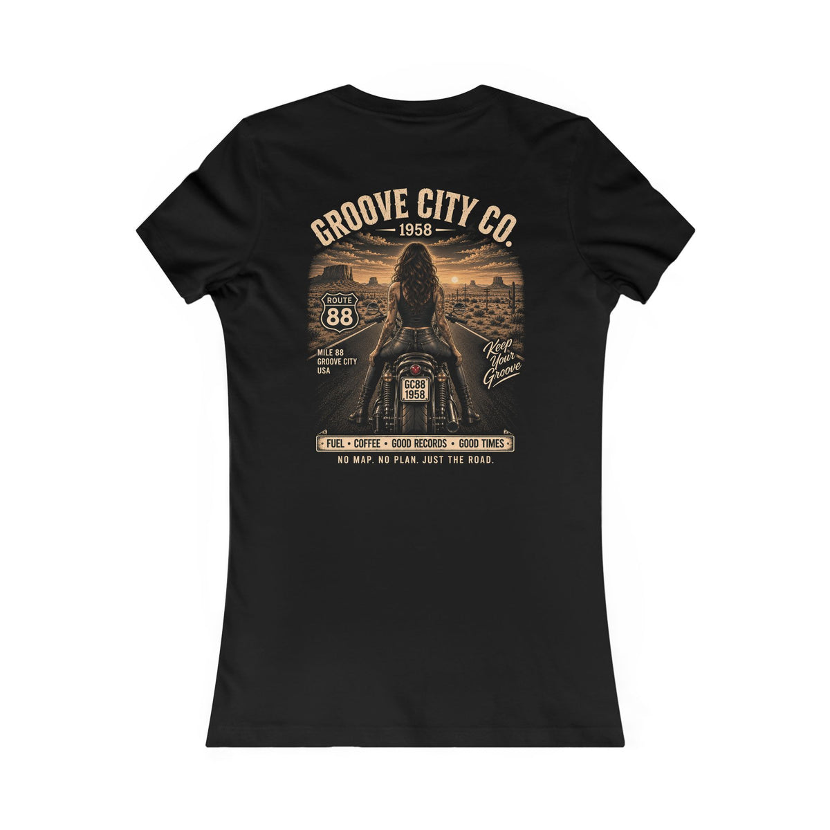 Black women’s fitted T-shirt with large vintage Groove City Route 88 motorcycle back print