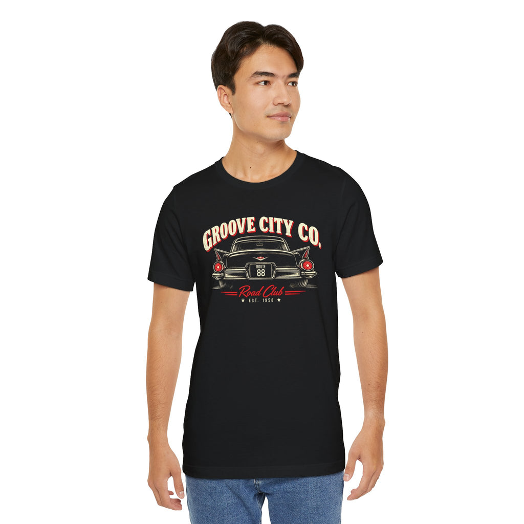 Man wearing a black Groove City Road Club Route 88 vintage car T-shirt
