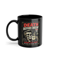 Black vintage coffee mug with Death Before Decaf skeleton design by Groove City Co.