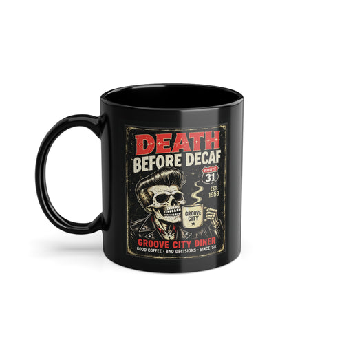 Black vintage coffee mug with Death Before Decaf skeleton design by Groove City Co.