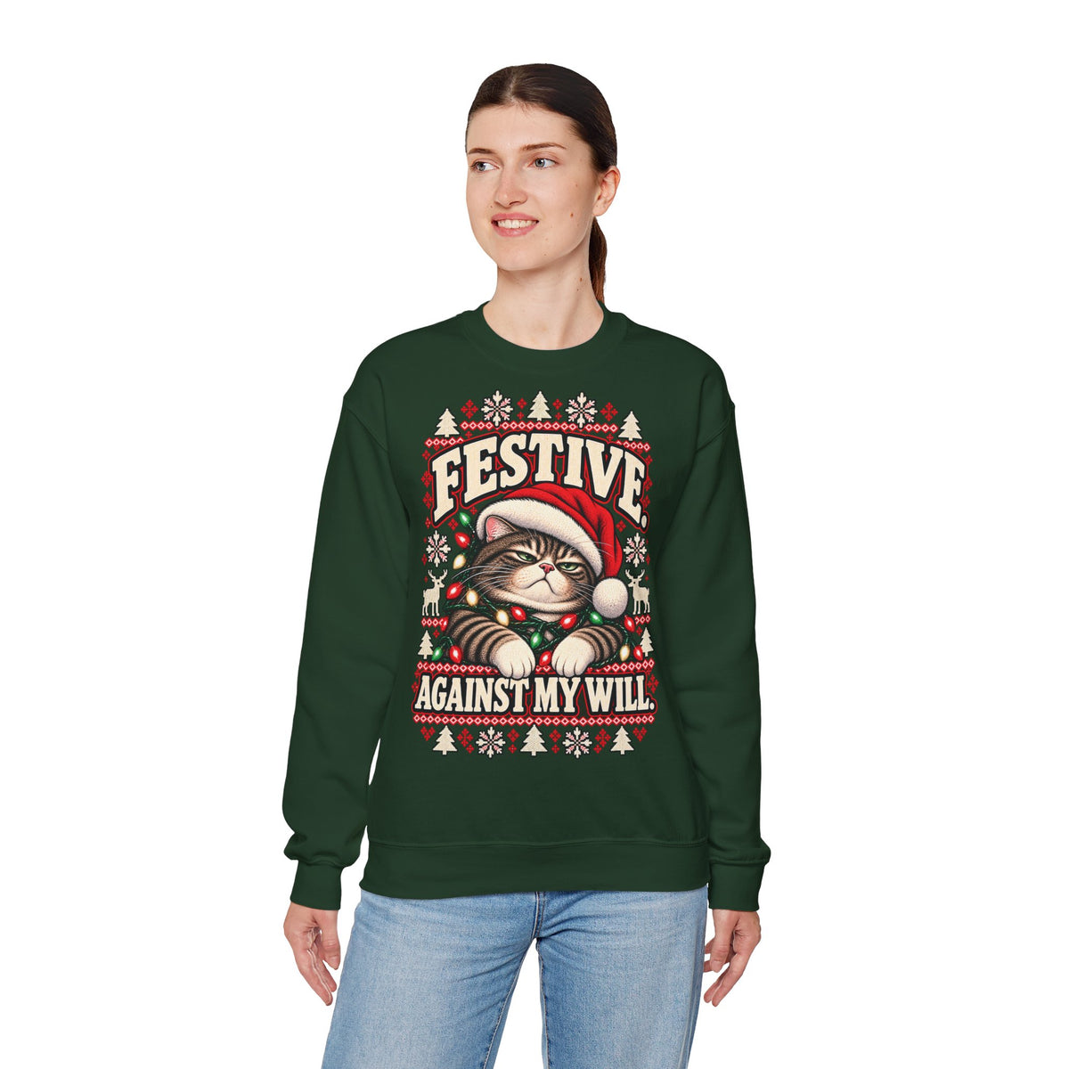 Woman wearing a forest green vintage cat Christmas sweatshirt with Festive Against My Will design