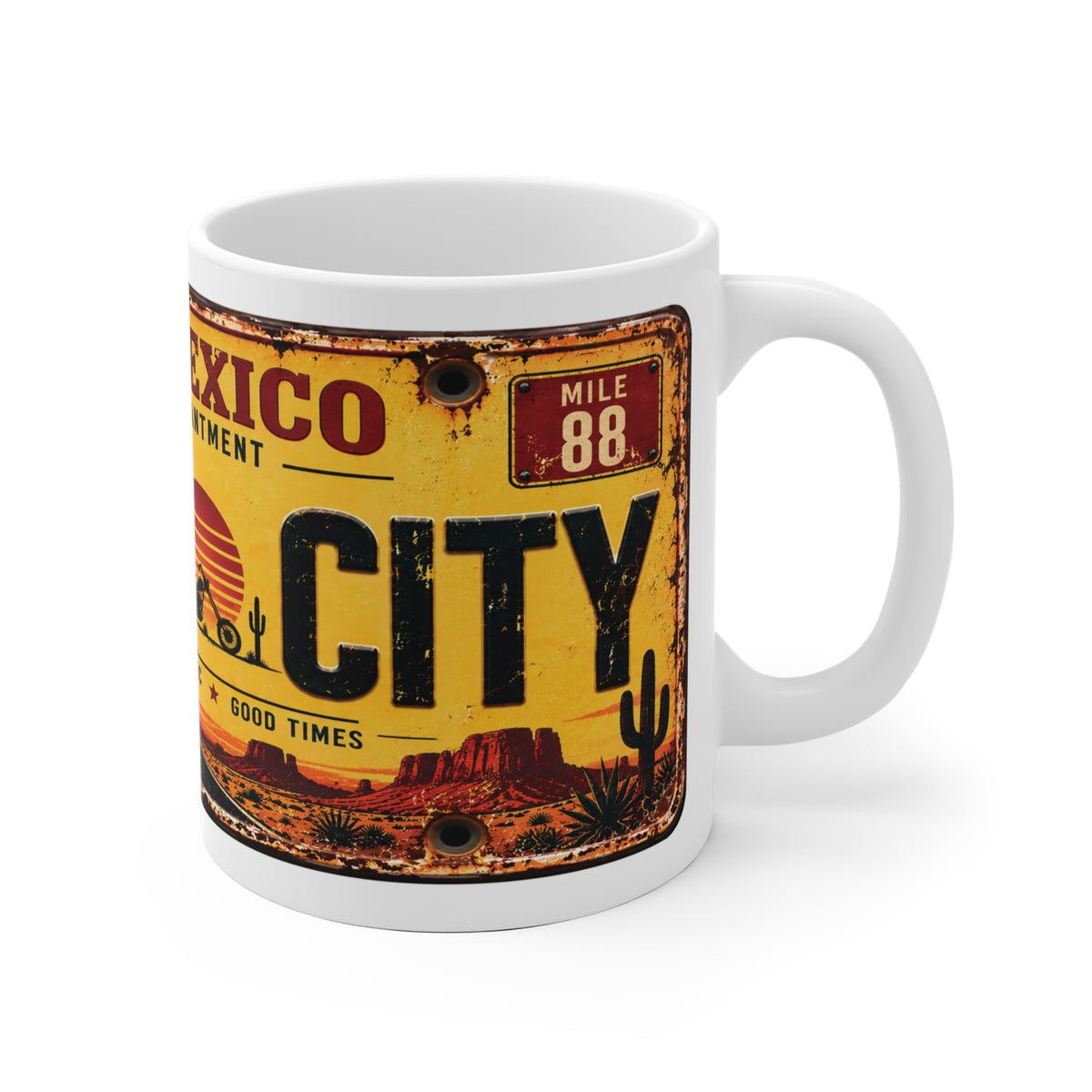 Groove City New Mexico vintage road trip mug with desert, motorcycle and retro Americana design