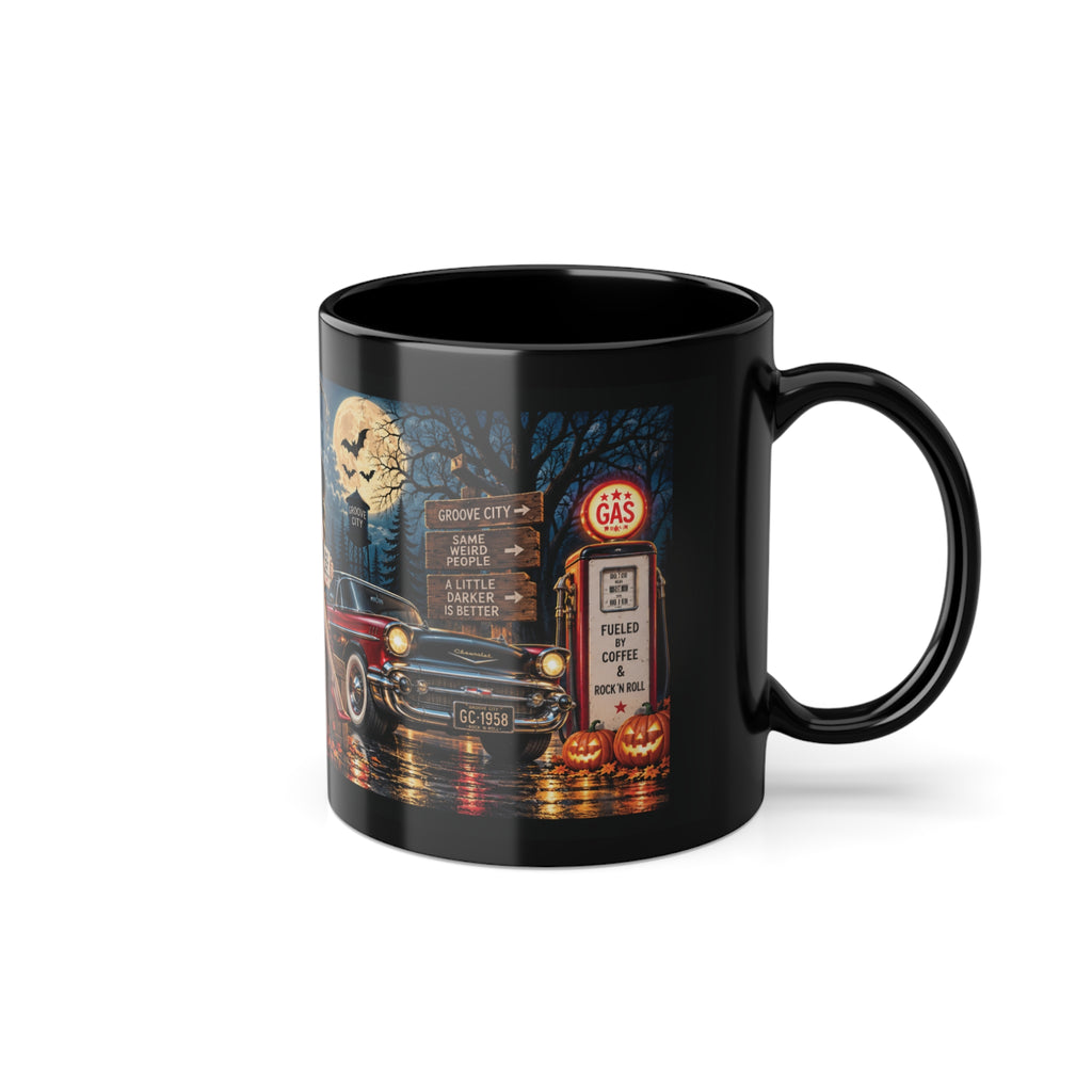 Groove City Midnight Coffee Club black Halloween mug with vintage pin-up witch, black cat, classic car and 1950s diner artwork