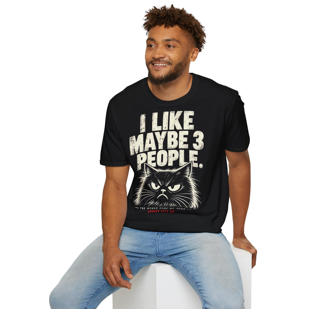 Man wearing black I Like Maybe 3 People grumpy cat T-shirt.