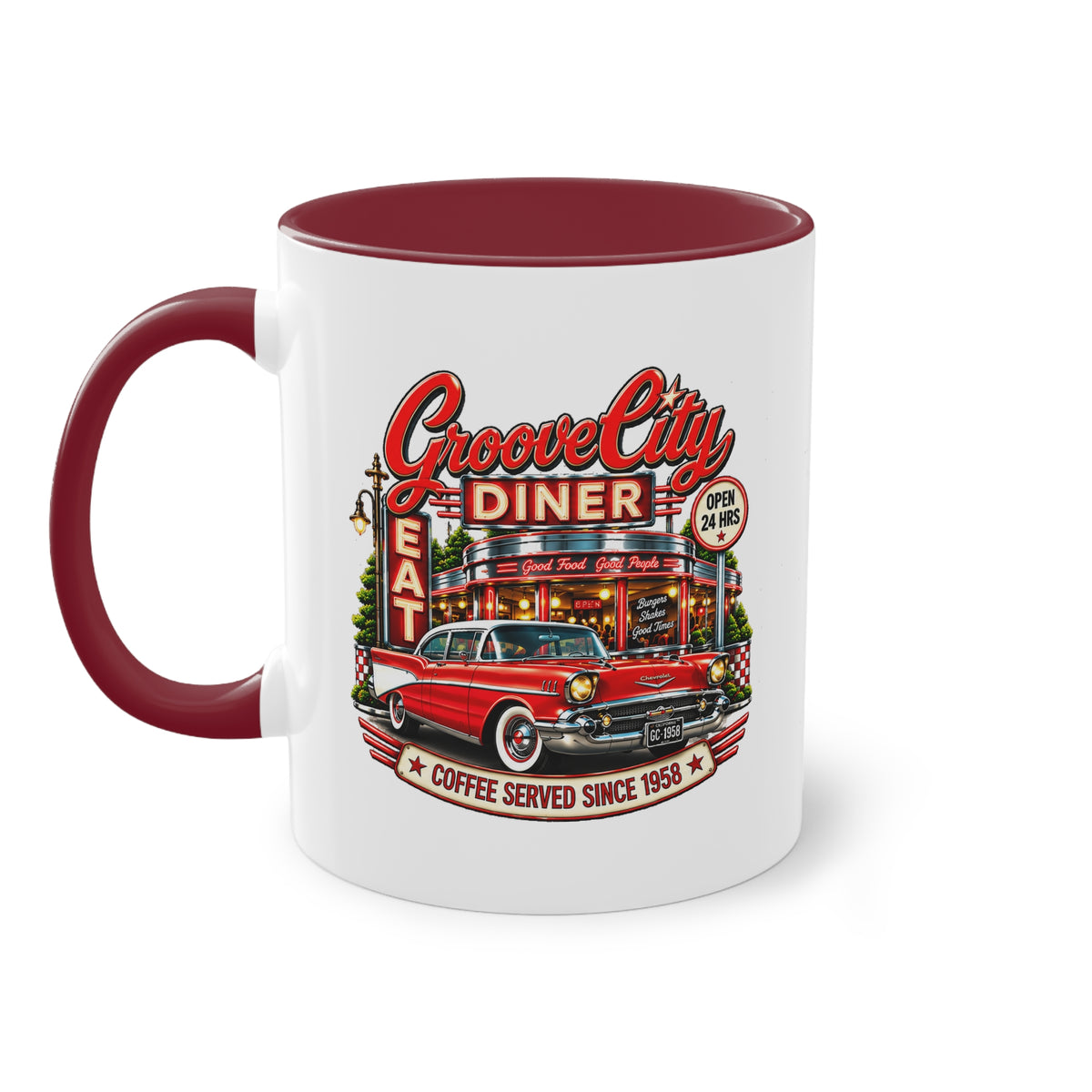 Groove City Diner vintage 1950s coffee mug with classic American car