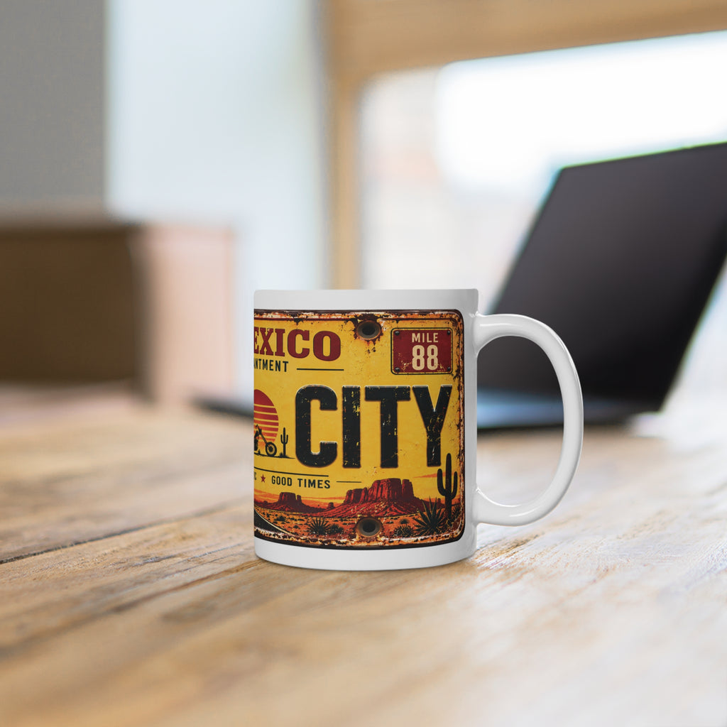 Groove City New Mexico vintage road trip mug with desert, motorcycle and retro Americana design