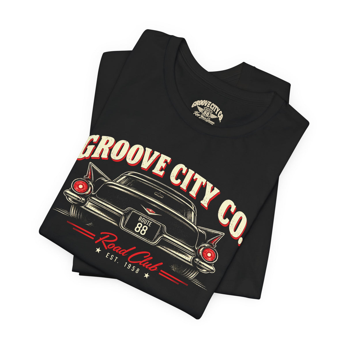 Folded black T-shirt with Groove City Road Club Route 88 vintage car design