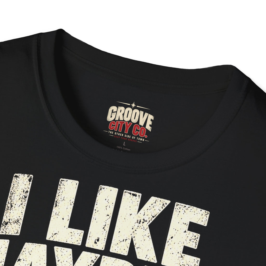 Groove City Co. branded inner neck label on black T-shirt.