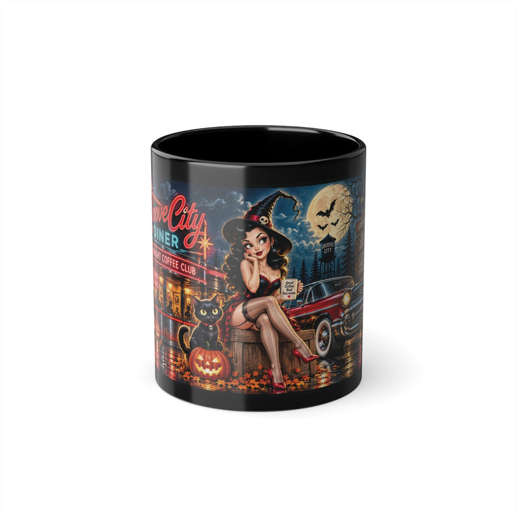 Groove City Midnight Coffee Club black Halloween mug with vintage pin-up witch, black cat, classic car and 1950s diner artwork