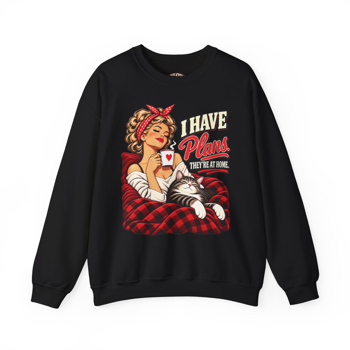 Retro cat lover sweatshirt with I Have Plans They’re at Home graphic by Groove City Co.