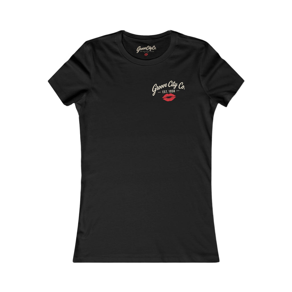 Black women's retro T-shirt with Groove City Co. logo and red lips