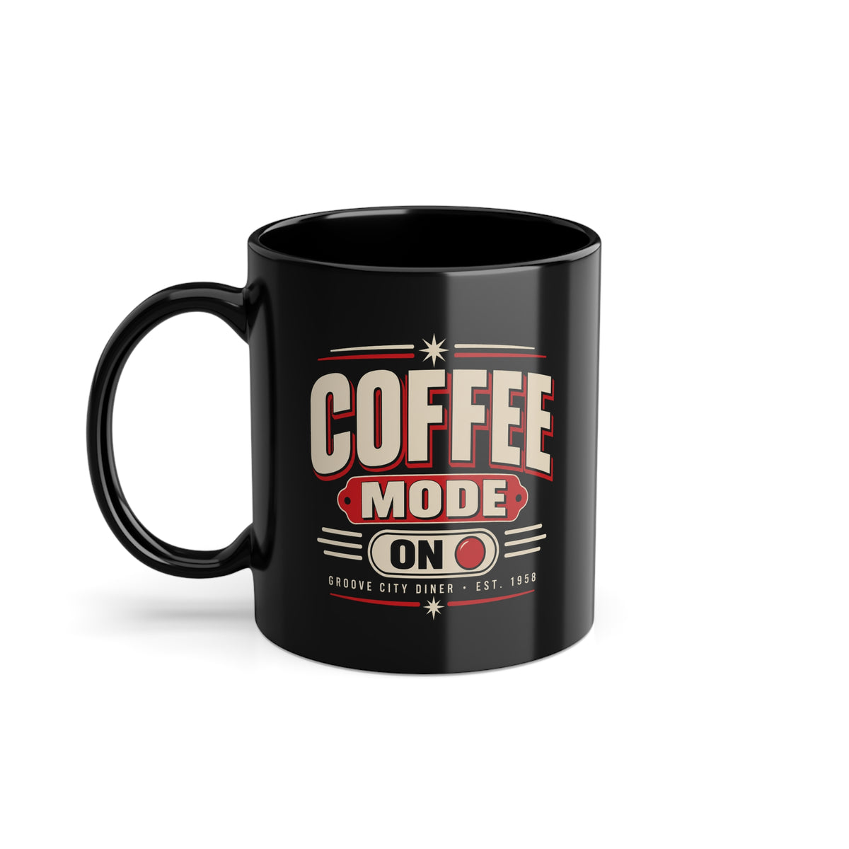 Black coffee mug with retro “Coffee Mode On” Groove City Diner design