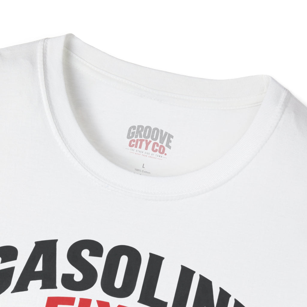 Close-up of the white T-shirt collar showing the light Groove City Co. print inside the neck.