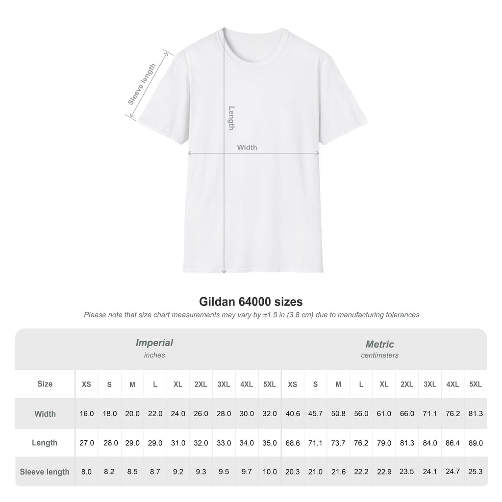 Gildan 64000 unisex T-shirt size chart with measurements.