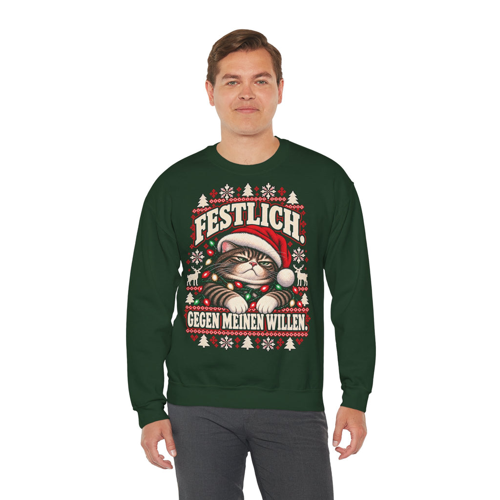 Man wearing a forest green German grumpy cat Christmas sweatshirt with Festlich Gegen meinen Willen design
