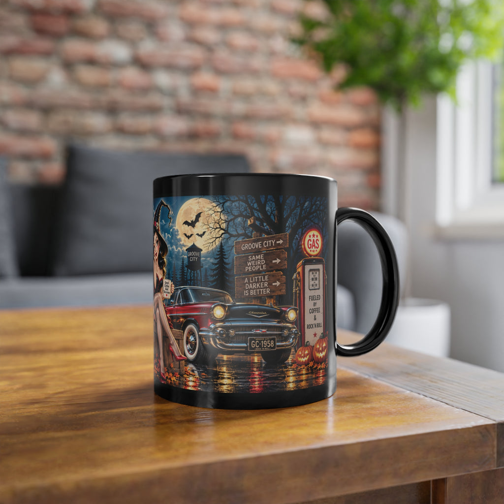 Groove City Midnight Coffee Club black Halloween mug with vintage pin-up witch, black cat, classic car and 1950s diner artwork