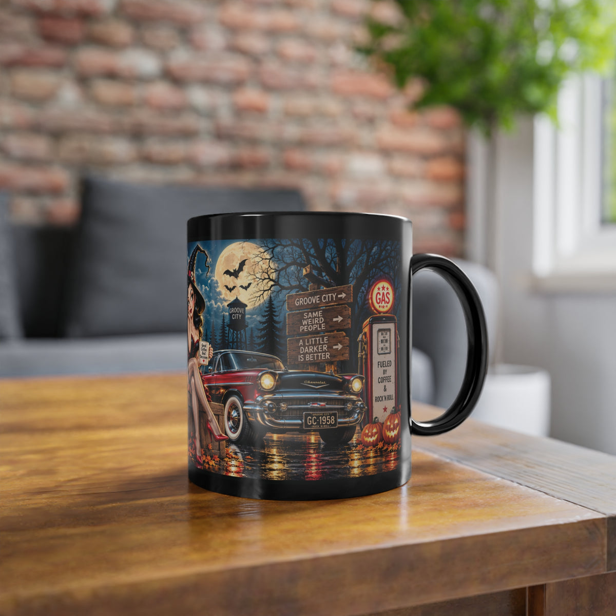 Groove City Midnight Coffee Club black Halloween mug with vintage pin-up witch, black cat, classic car and 1950s diner artwork