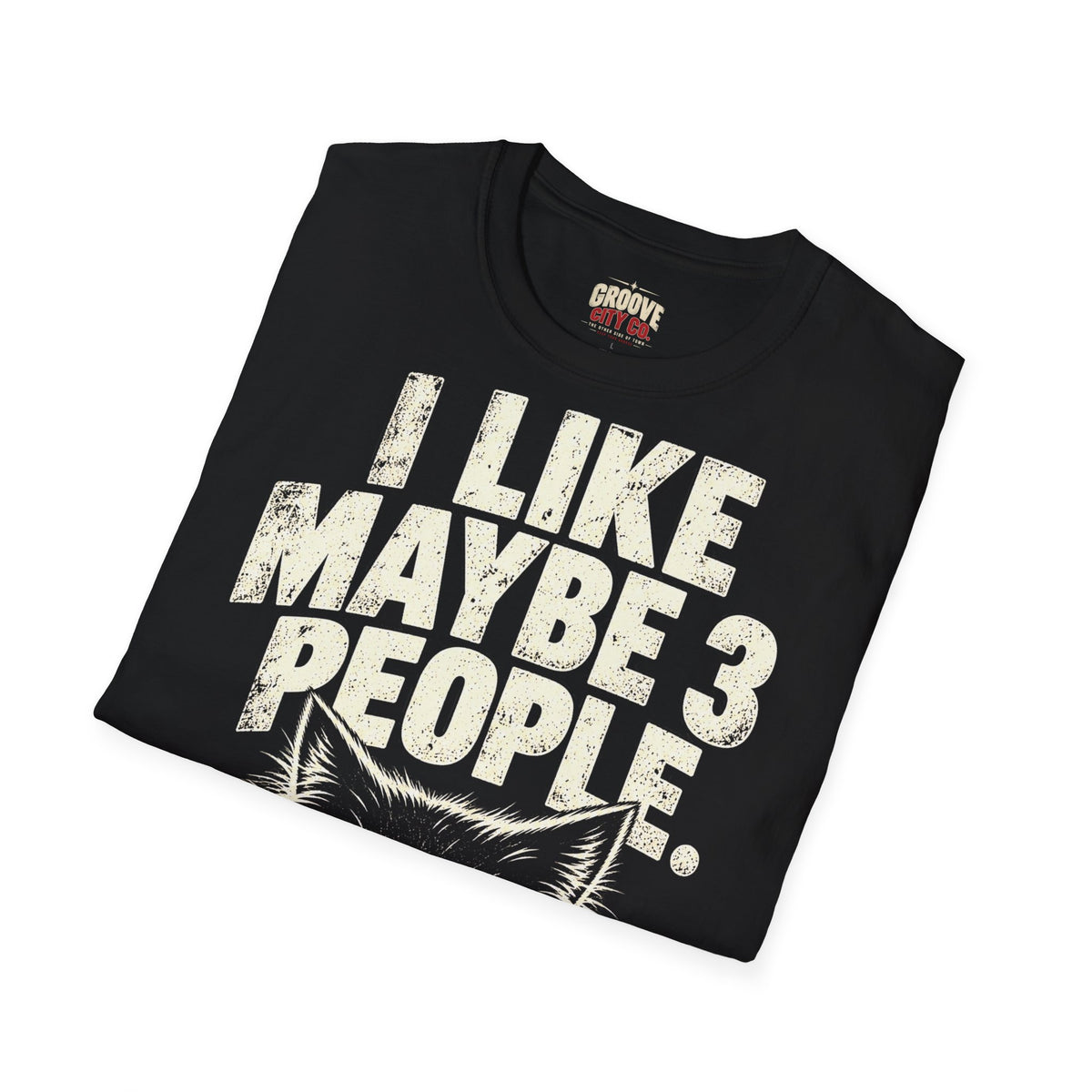 Folded black I Like Maybe 3 People grumpy cat T-shirt.