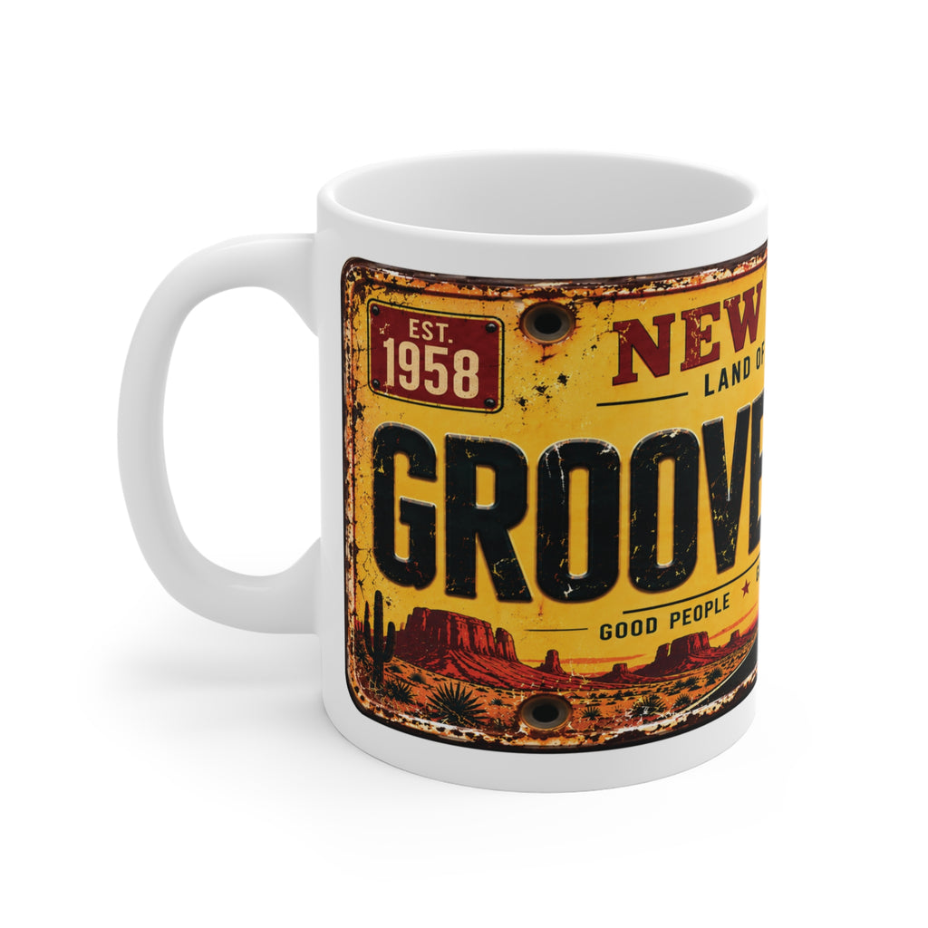 Groove City New Mexico vintage road trip mug with desert, motorcycle and retro Americana design