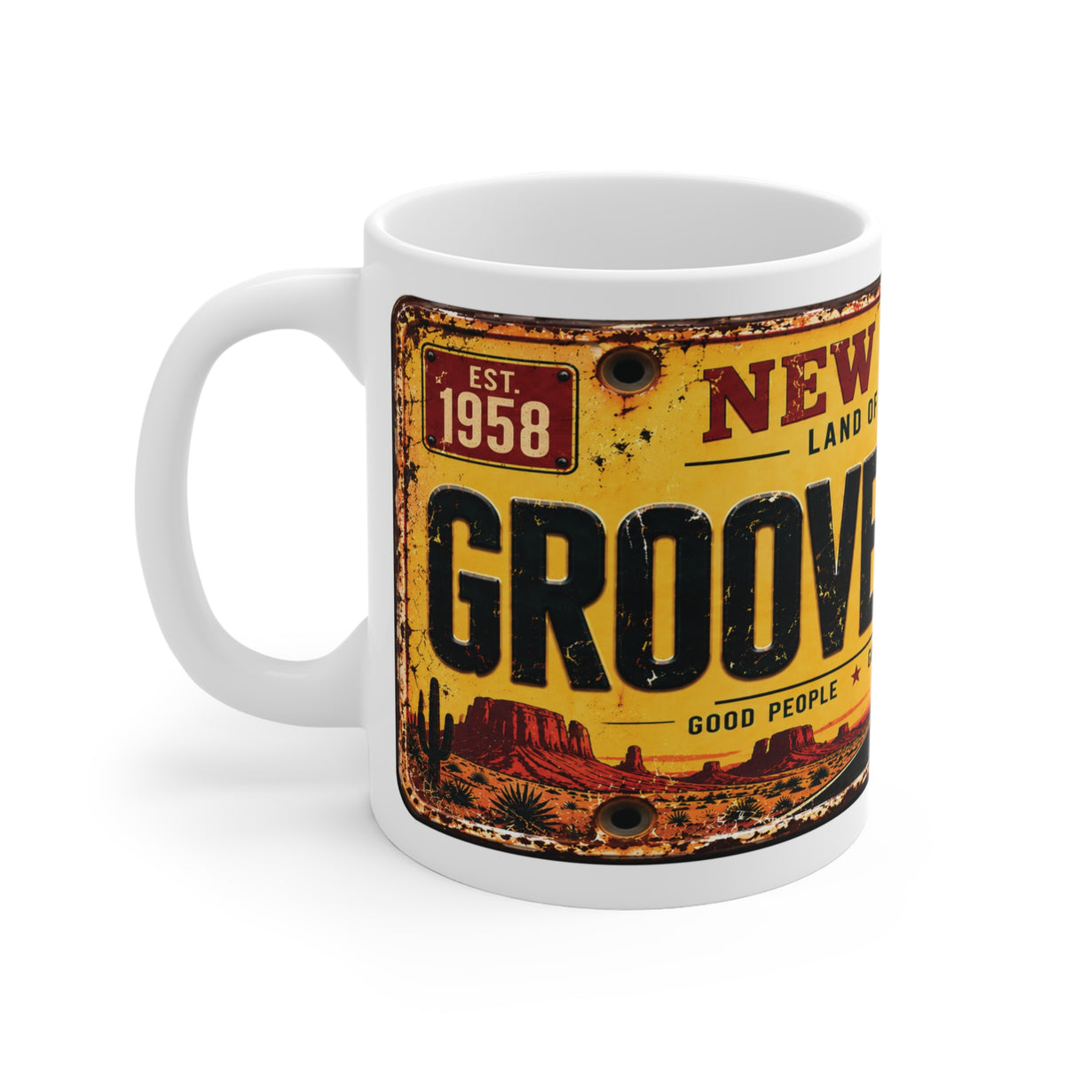 Groove City New Mexico vintage road trip mug with desert, motorcycle and retro Americana design