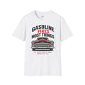White T-shirt with a red and black classic car graphic and the slogan “Gasoline Fixes Most Things” on the front.