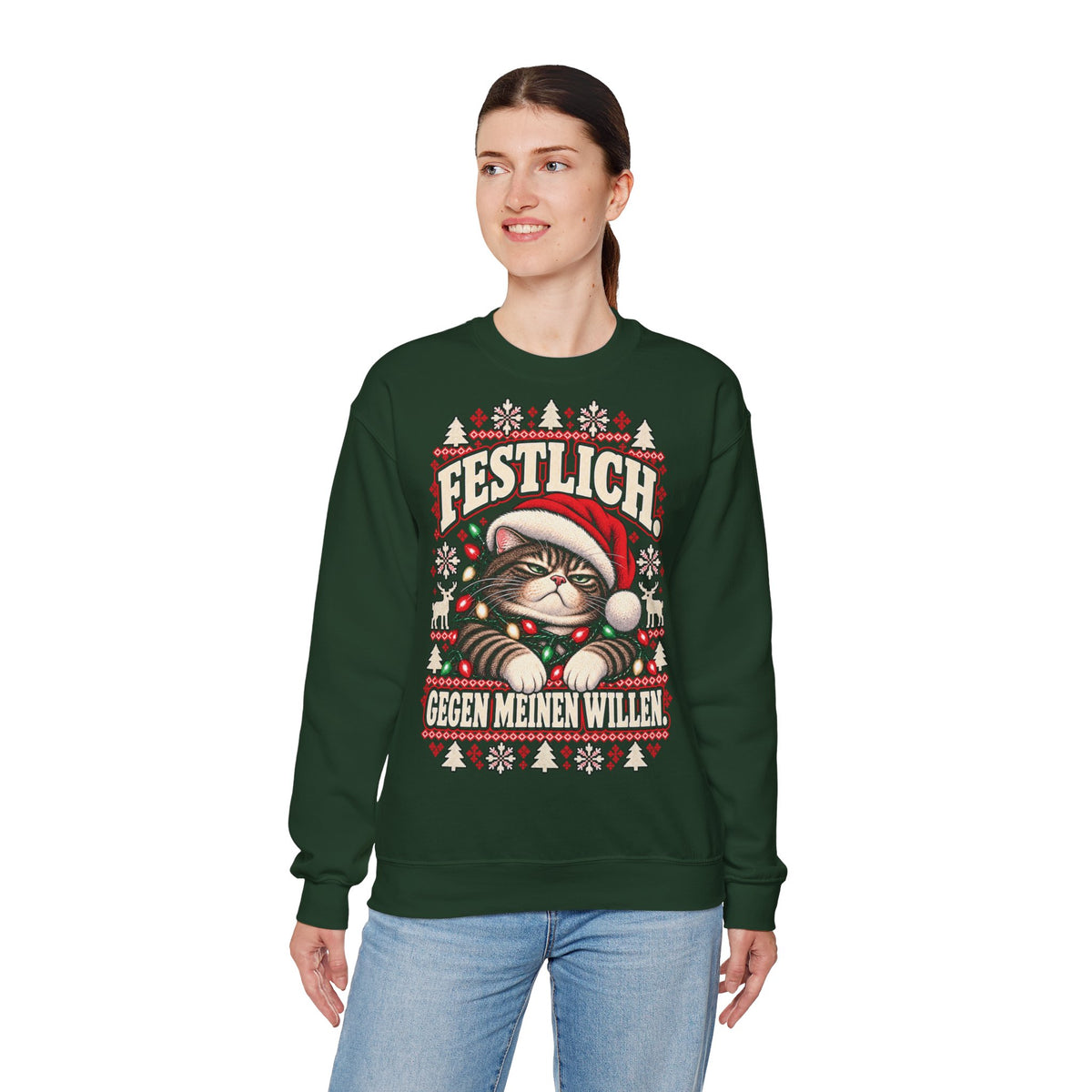 Woman wearing a forest green German grumpy cat Christmas sweatshirt with Festlich Gegen meinen Willen holiday design