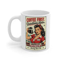 Retro Coffee First, Questions Later white mug with 1950s diner pin-up waitress artwork by Groove City Co.
