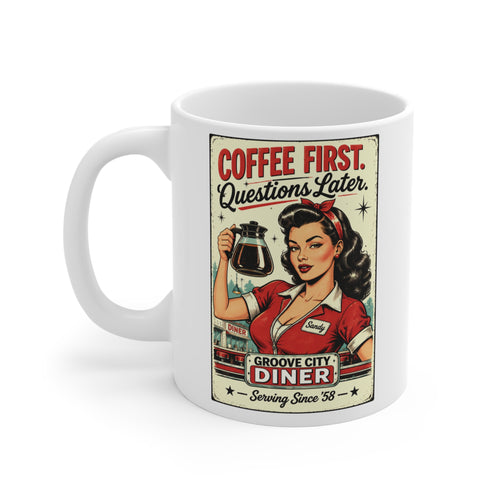 Retro Coffee First, Questions Later white mug with 1950s diner pin-up waitress artwork by Groove City Co.