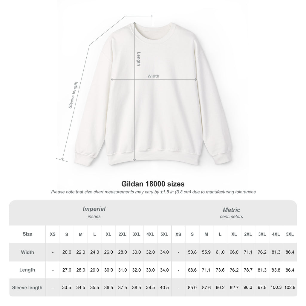 Gildan 18000 unisex crewneck sweatshirt size chart with measurements in inches and centimeters.