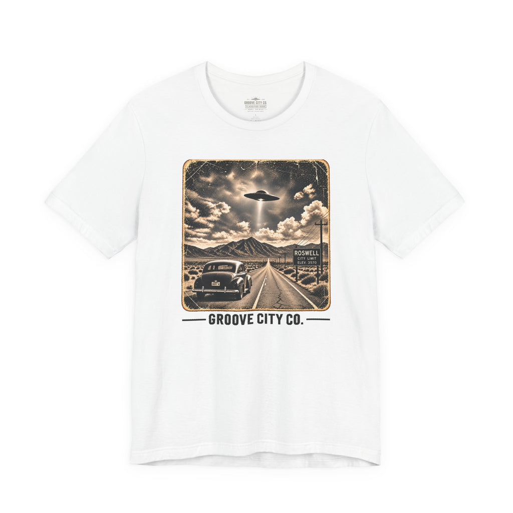 Vintage UFO graphic on white Groove City unisex T-shirt with retro 1950s sci-fi design