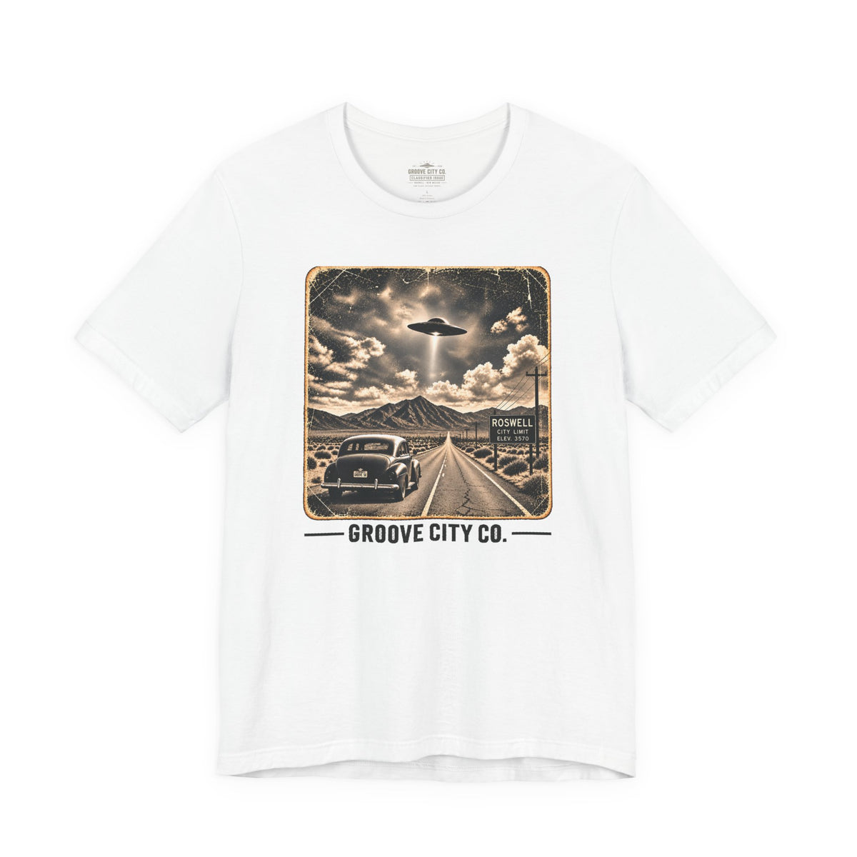 Vintage UFO graphic on white Groove City unisex T-shirt with retro 1950s sci-fi design
